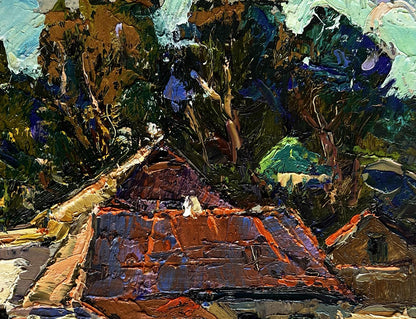 Oil painting The beginning of autumn days by Oksana Ivanyuk, rustic textured roof