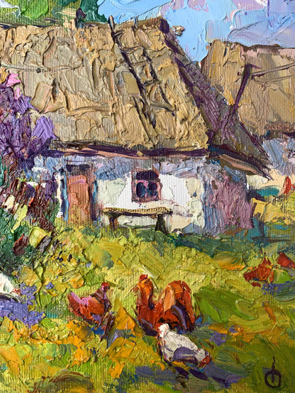 Oil painting by Oksana Ivanyuk of chickens grazing by rustic thatched cottage