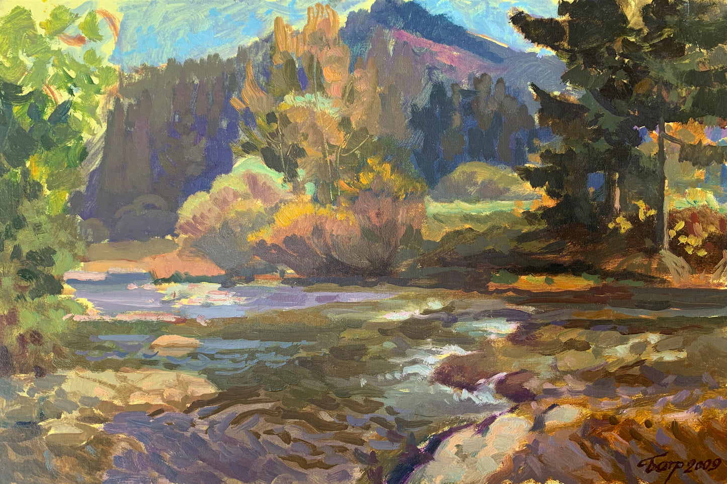 Vibrant impressionist river landscape by Vladimir Batrakov, autumn trees, mountains