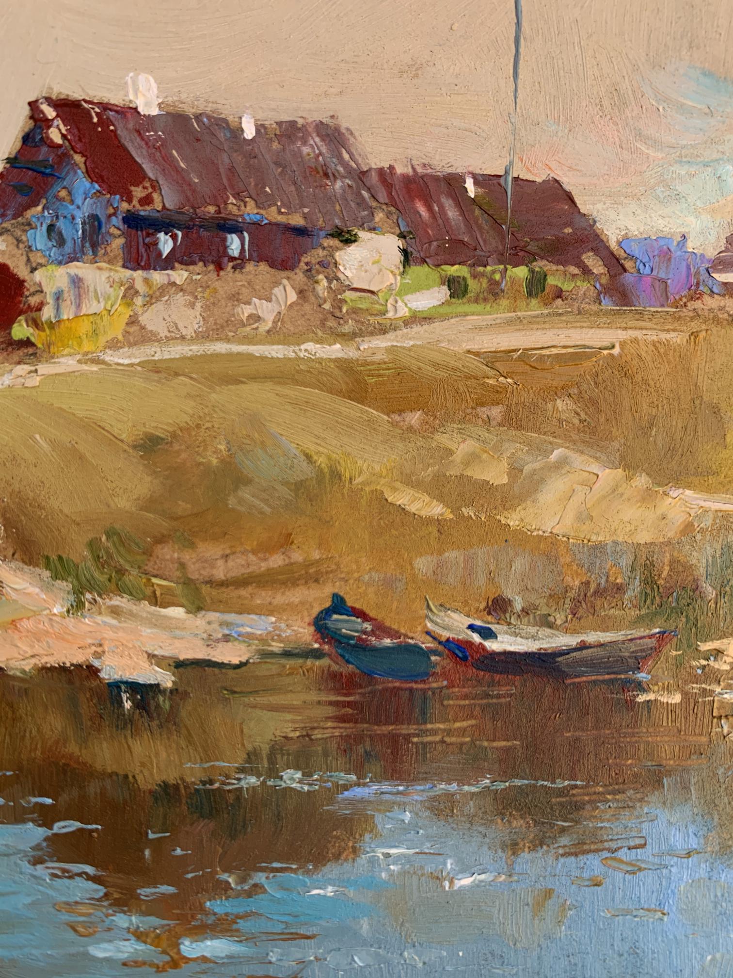 Oil painting by Yuriy Suprunchuk: village life with boats on calm water