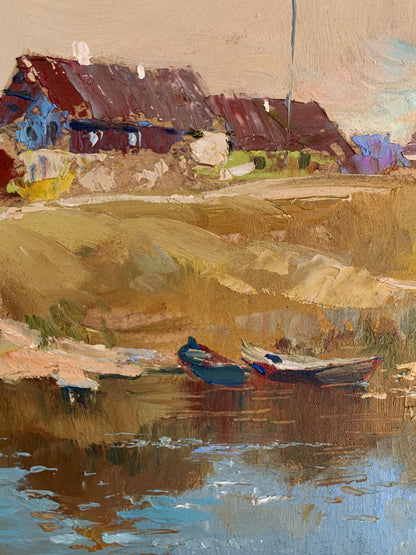 Oil painting by Yuriy Suprunchuk: village life with boats on calm water