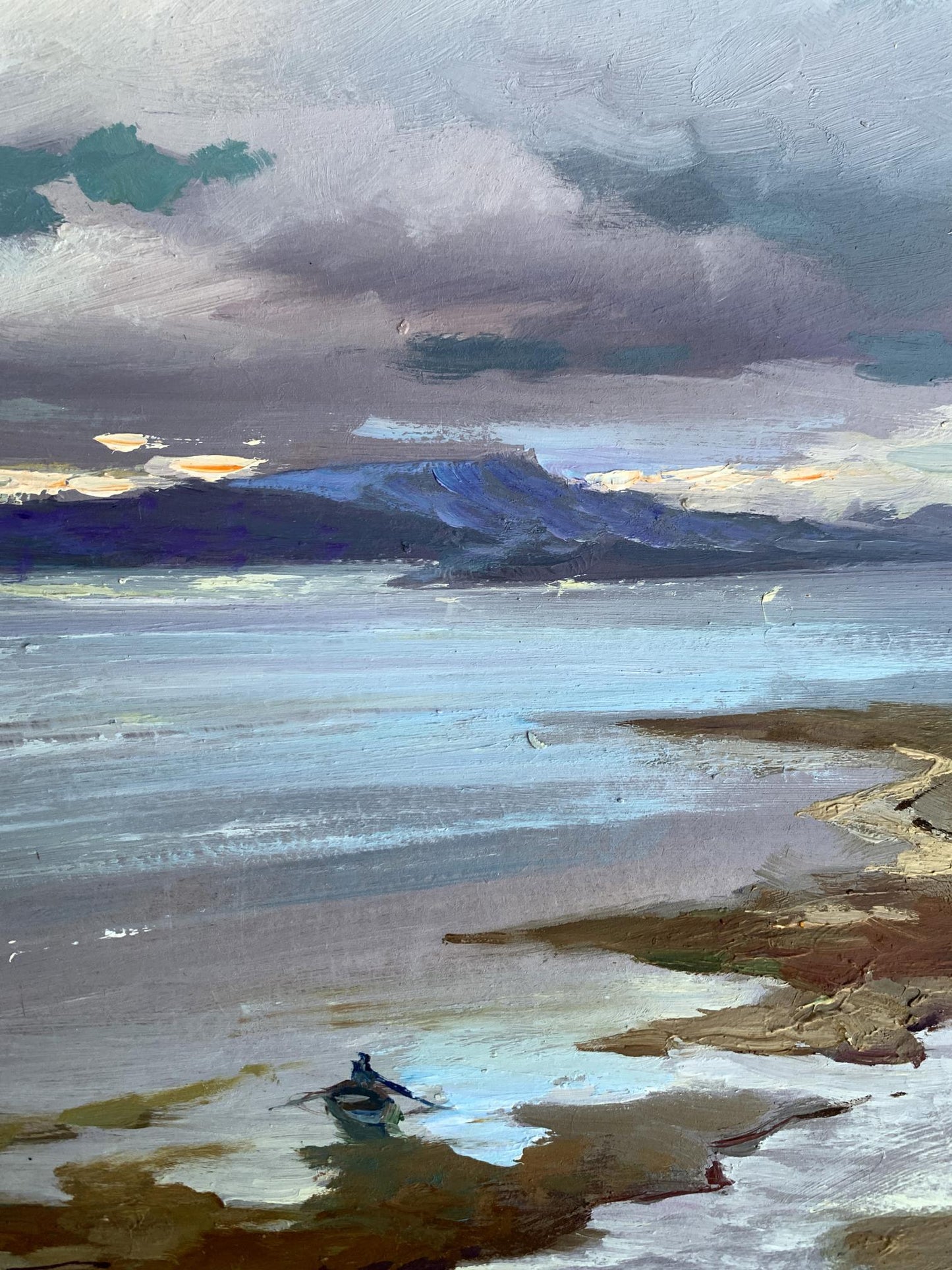 Moody oil painting of lone rowboat on reflective shoreline by Yuriy Suprunchuk