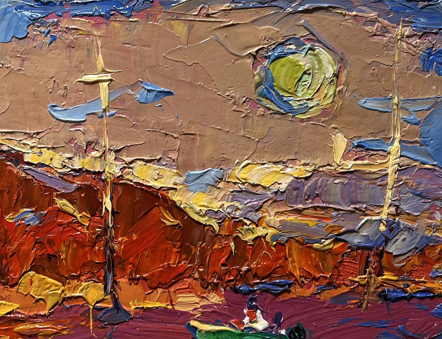 Oil painting by Oksana Ivanyuk: sailing into vibrant sunset harbor
