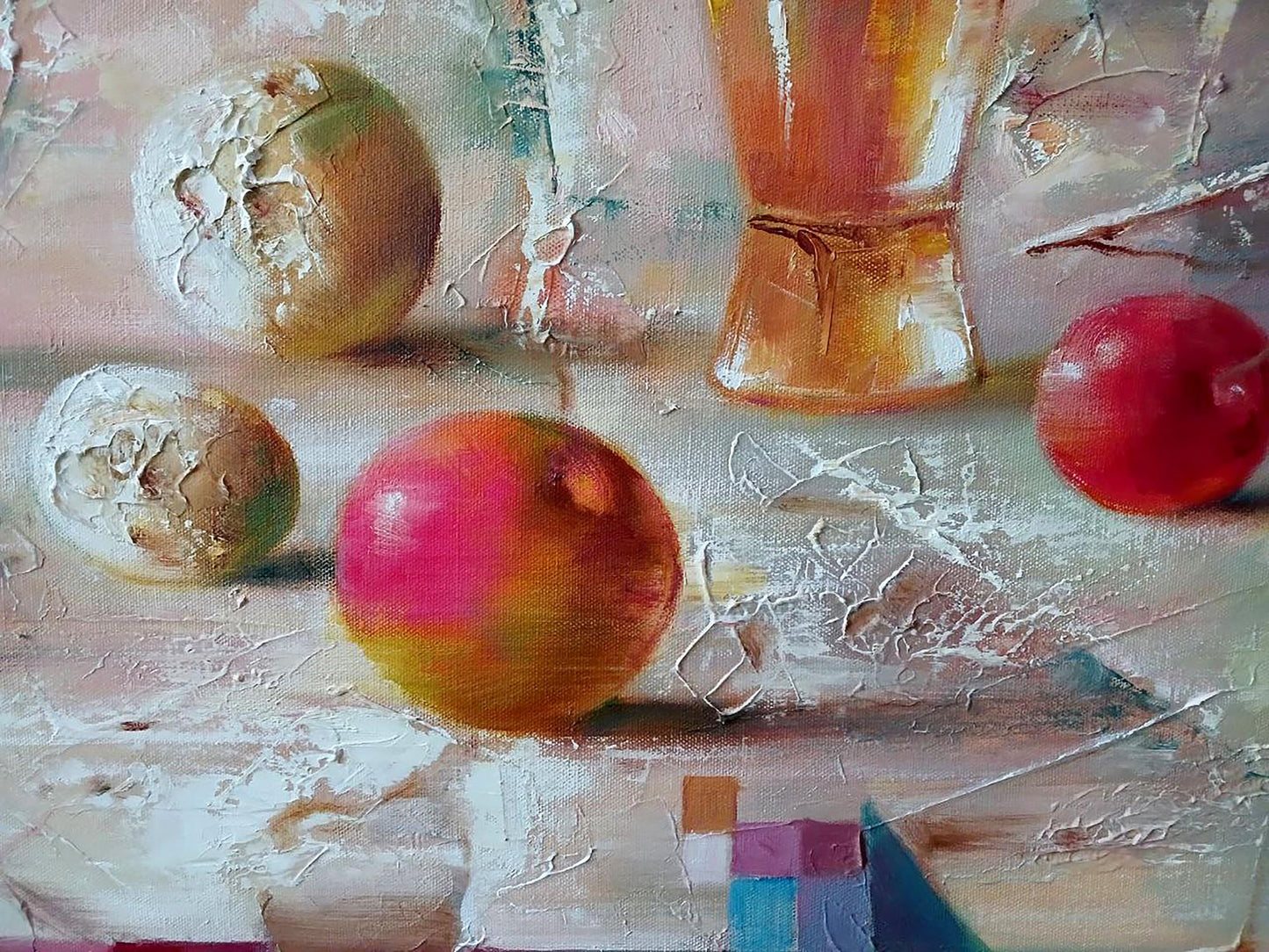 Abstract oil painting Thaw by Anatoly Tarabanov: impressionistic still life of apples and glass