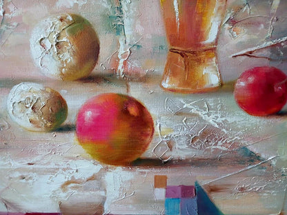 Abstract oil painting Thaw by Anatoly Tarabanov: impressionistic still life of apples and glass