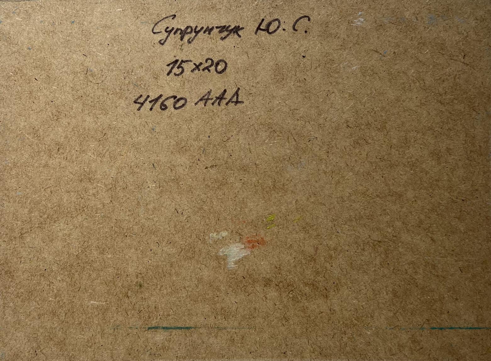 Back of Yuriy Suprunchuk oil painting Sea horizon with handwritten inscription on brown cardboard
