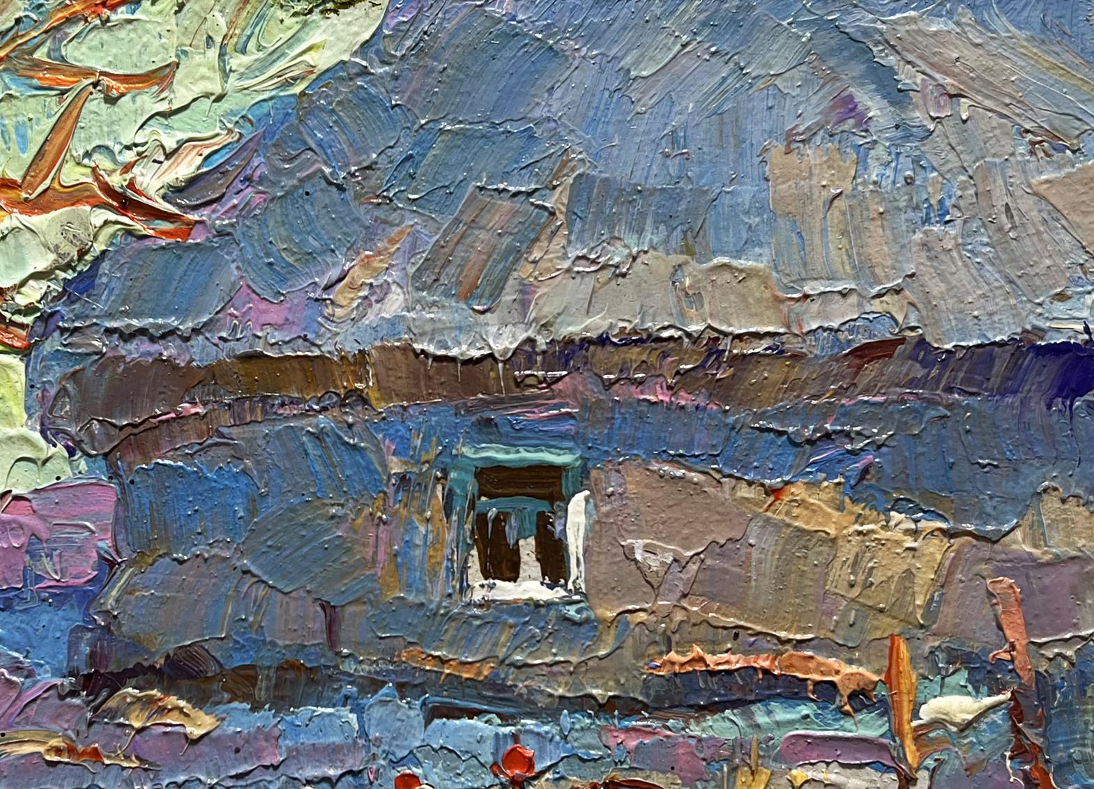 Oil painting Frost in the Yard by Oksana Ivanyuk, textured rustic cottage