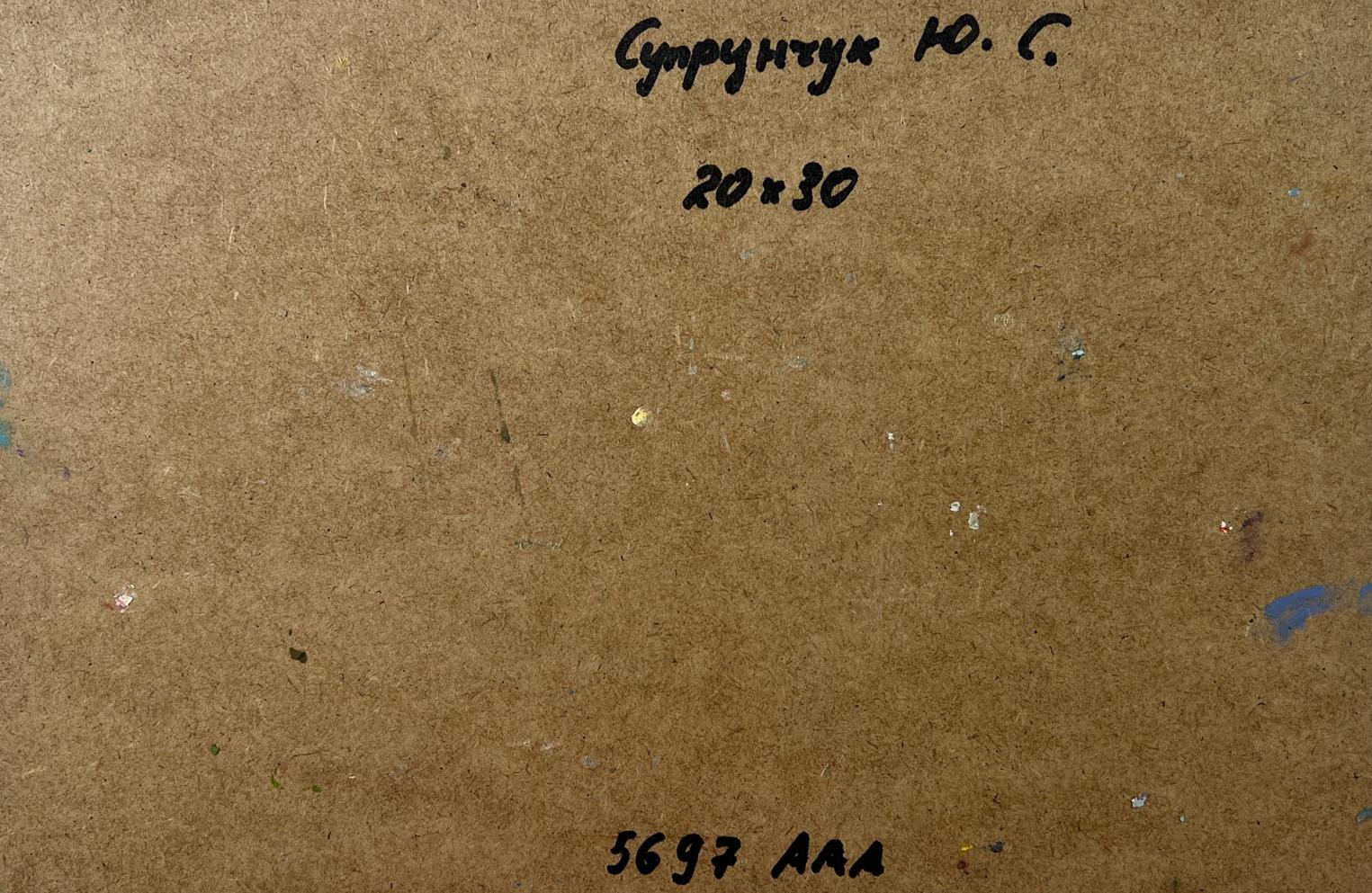 Back of Yuriy Suprunchuk oil painting Winter sunset with Cyrillic text and measurements on brown cardboard