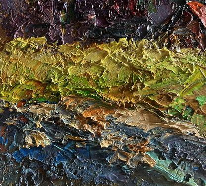 Oil painting Autumn in the mountains by Boris Serdyuk, impasto greens to blues