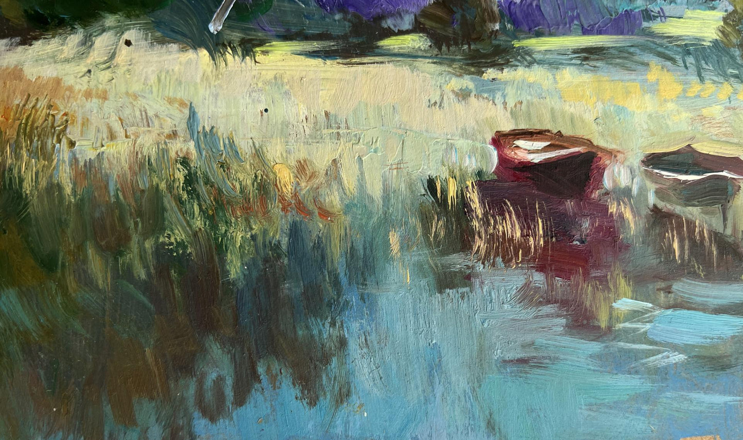 Oil painting of three boats on the river by Yuriy Suprunchuk