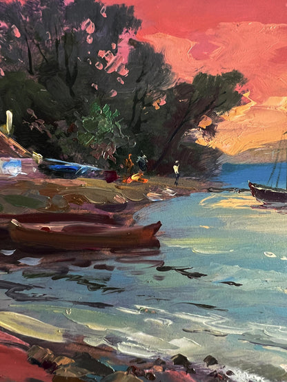 Oil painting Boats at Sunset by Yuriy Suprunchuk lakeside scene
