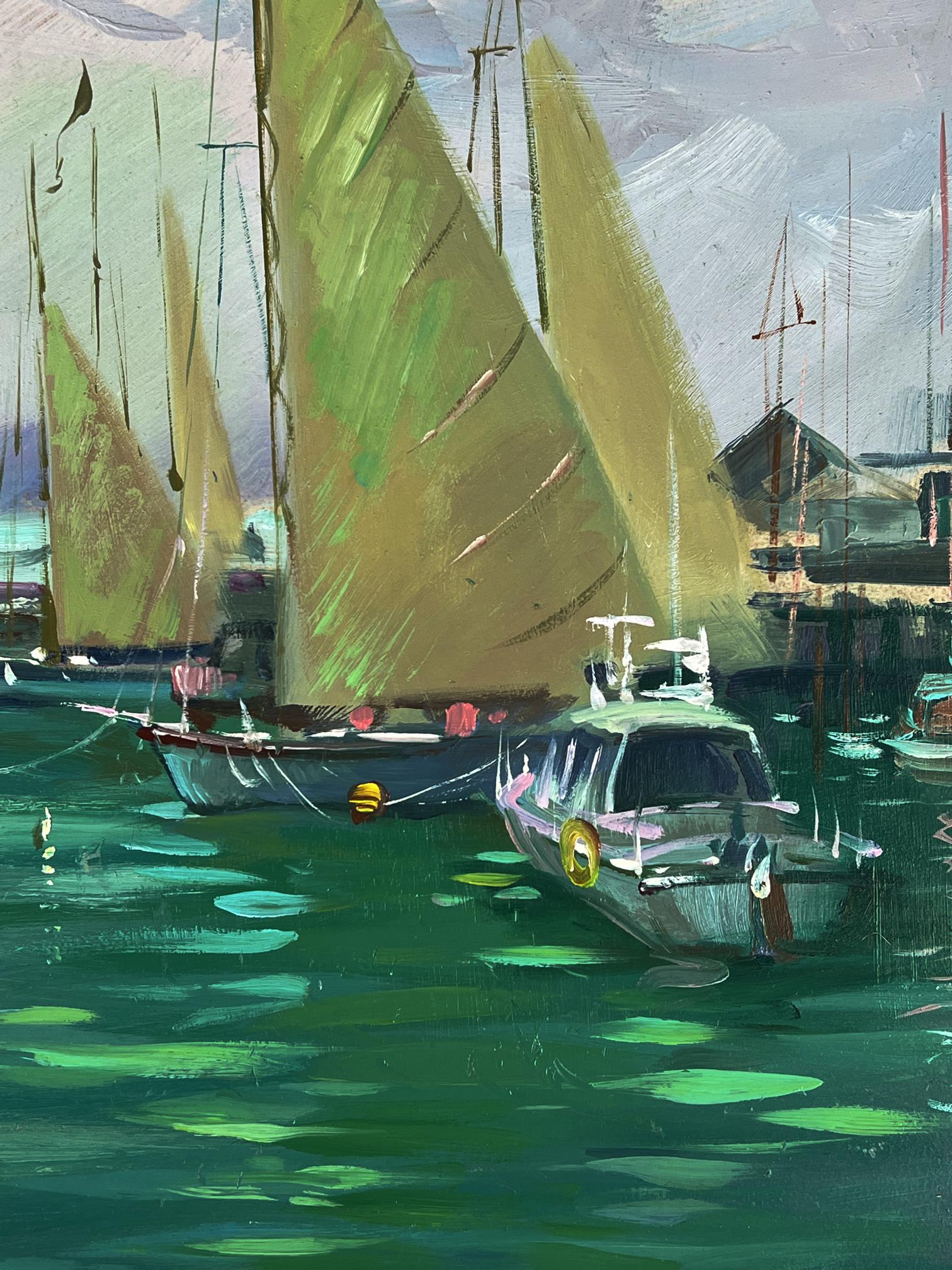 Impressionistic oil painting of sailboats with green sails at the pier by Yuriy Suprunchuk