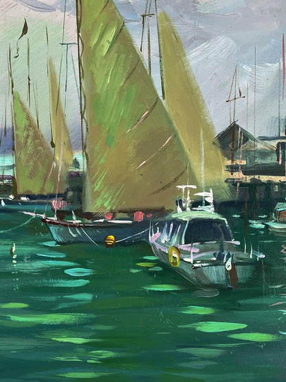 Impressionistic oil painting of sailboats with green sails at the pier by Yuriy Suprunchuk