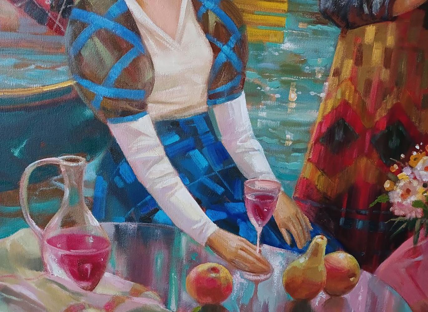 Abstract Carnival in Venice oil painting by Anatoly Tarabanov with pink wine pitcher