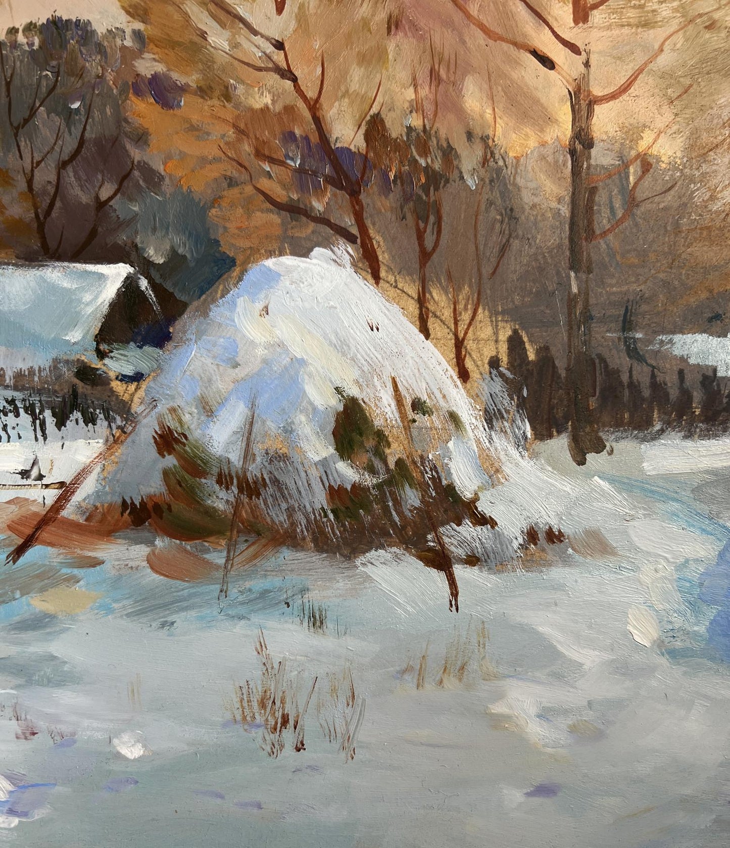Oil painting of snow-covered haystack and sunset lights by Yuriy Suprunchuk