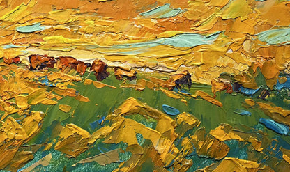 Vibrant impressionist oil painting of cattle grazing in yellow sunset field by Oleksiy Ivanyuk