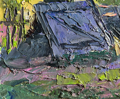 Oil painting The beginning of a summer day by Boris Serdyuk impasto purples greens