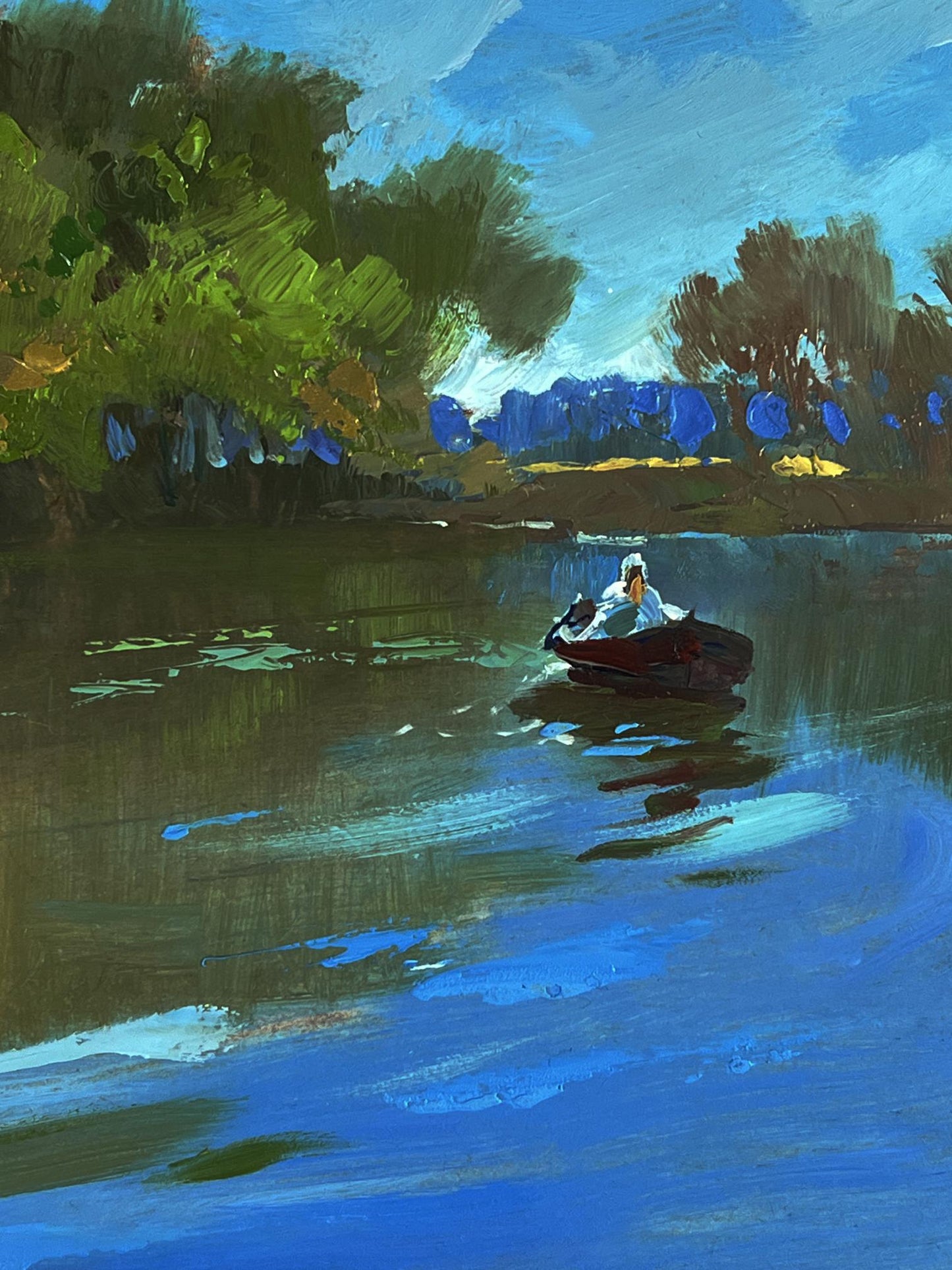 Oil painting of small dark red rowboat in calm river by Yuriy Suprunchuk
