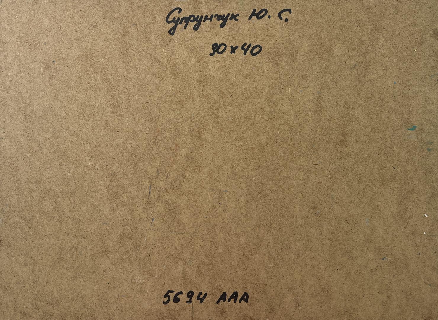 Back of Yuriy Suprunchuk oil painting Village in the mountains with brown cardboard handwritten Cyrillic text