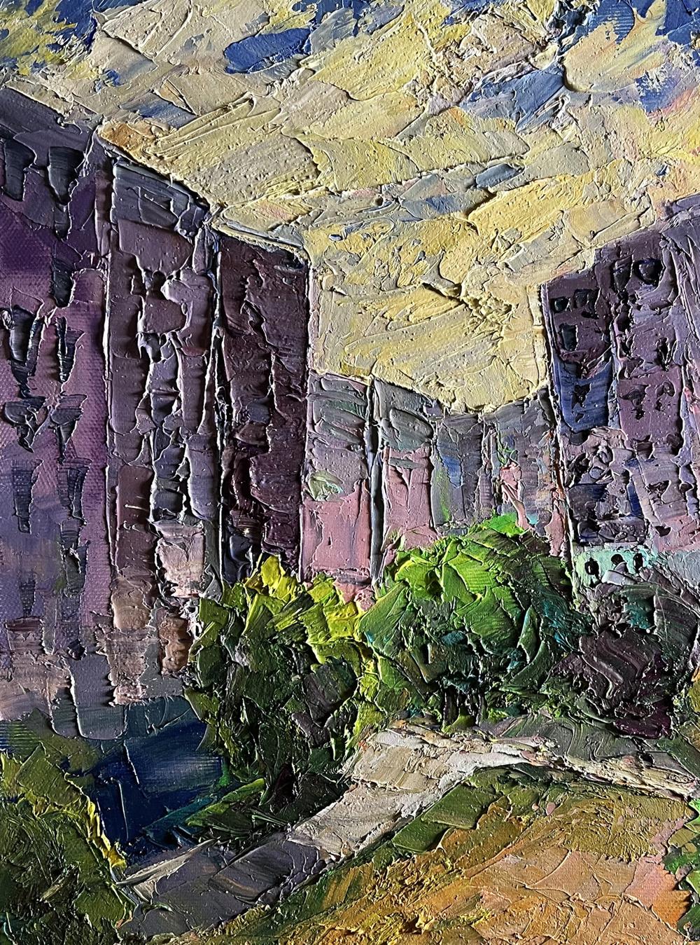 Oil painting Summer day in the city by Boris Serdyuk impasto purples greens yellow sky