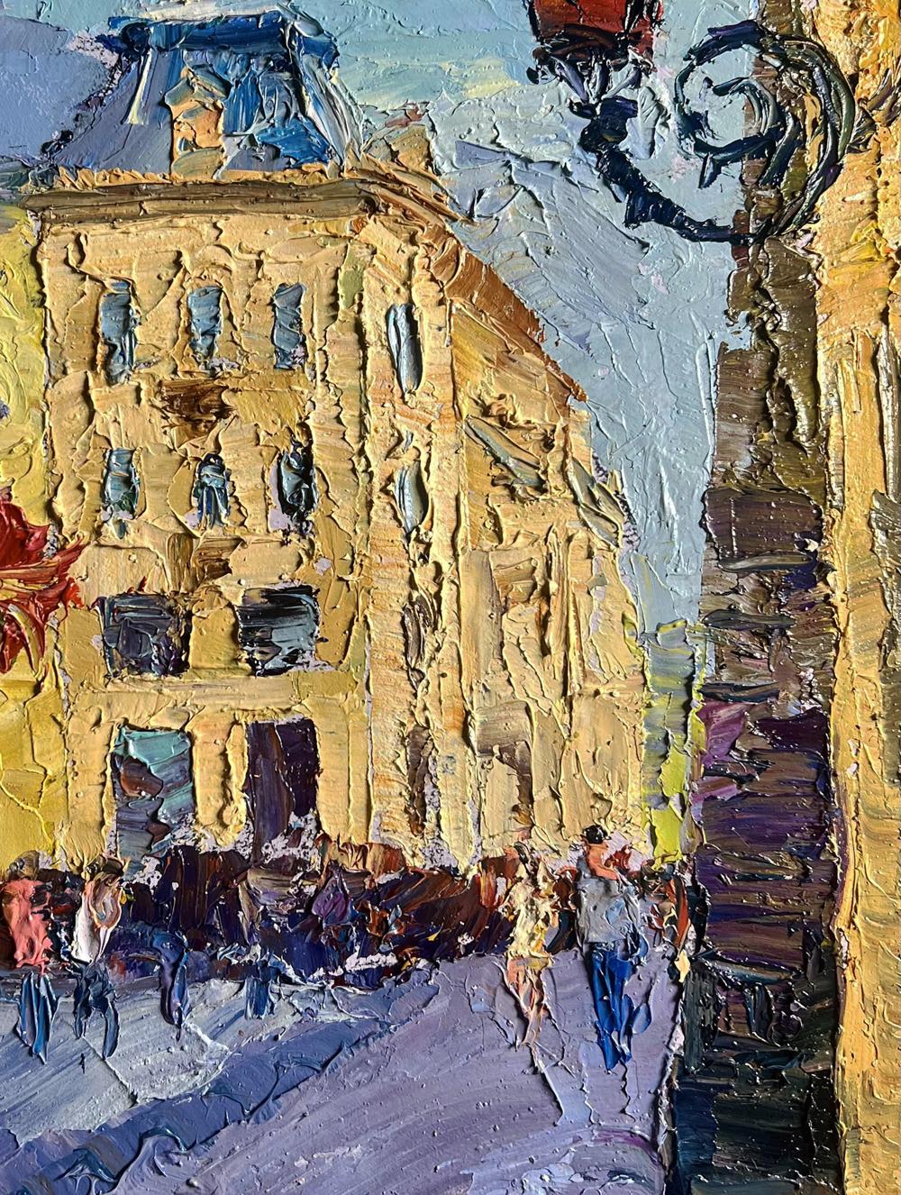 Oil painting Summer day in the city by Boris Serdyuk, textured yellow building