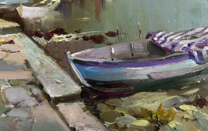 Oil painting of Yuriy Suprunchuk city boat ferry in blue purple rowboat on stone dock