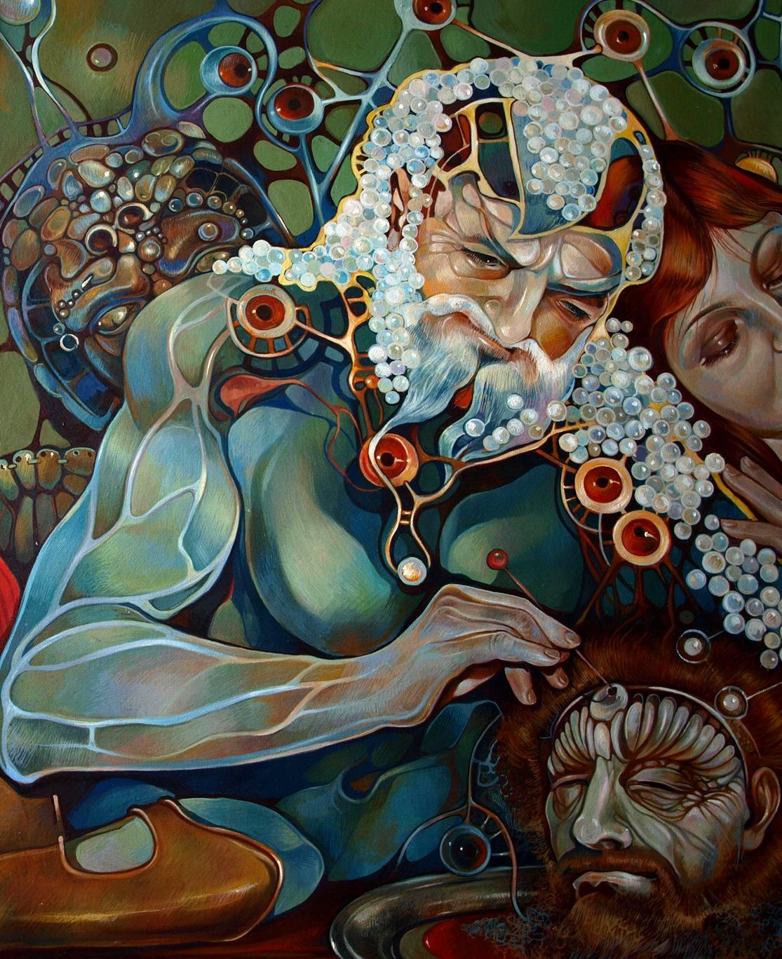 Oil painting Pistis Sophia Konsta G. Amelinn: bearded man with beadwork, red orbs