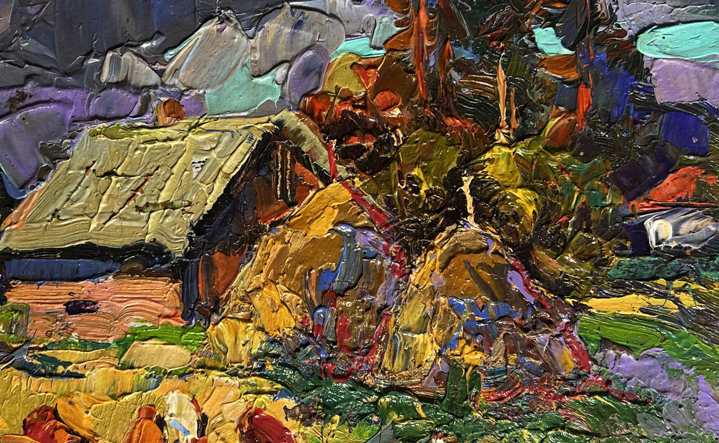 Oil painting of rustic thatched cabin in village after rain by Oksana Ivanyuk