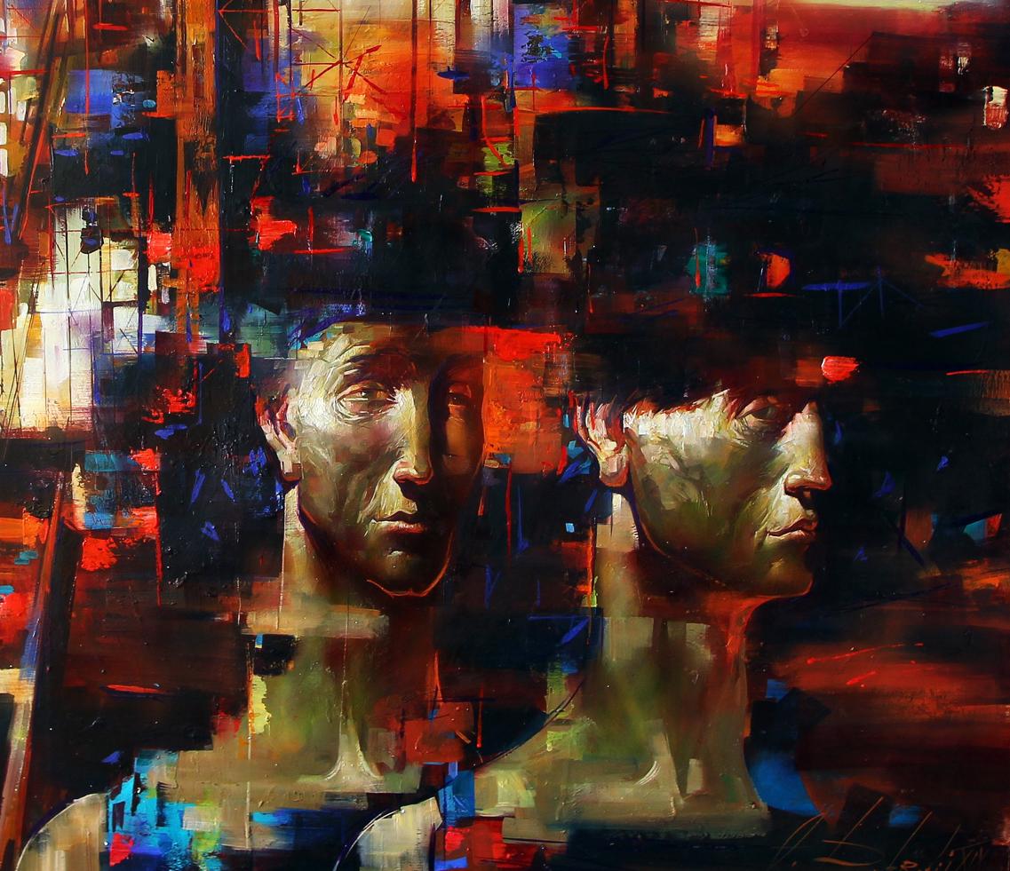 Oil painting of industrial motif with stylized faces by Alexander Dobrodiy