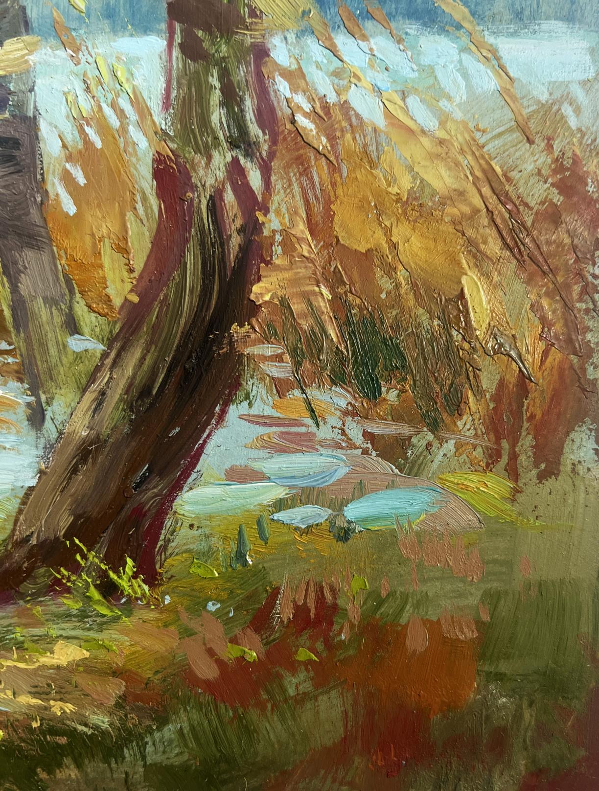 A textured oil painting depicting a tree trunk with rich brown and reddish hues, surrounded by autumnal foliage in warm golds, oranges, and muted greens.