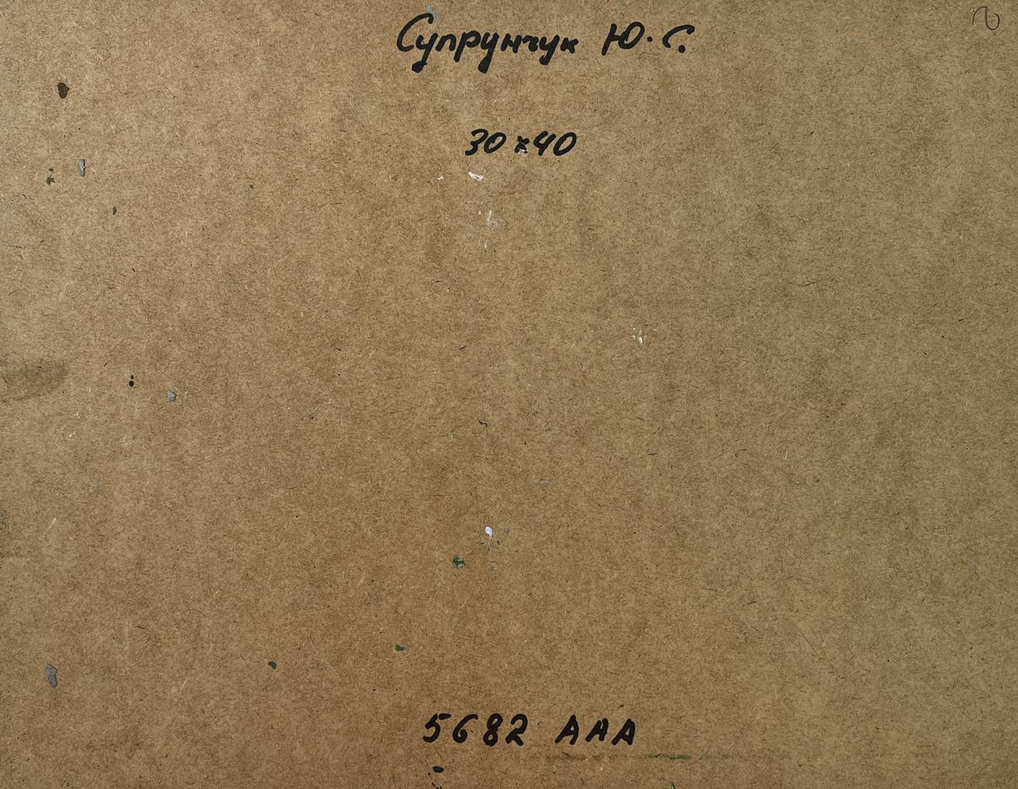 Back of Yuriy Suprunchuk oil painting City on the water with Cyrillic text and measurements on brown cardboard