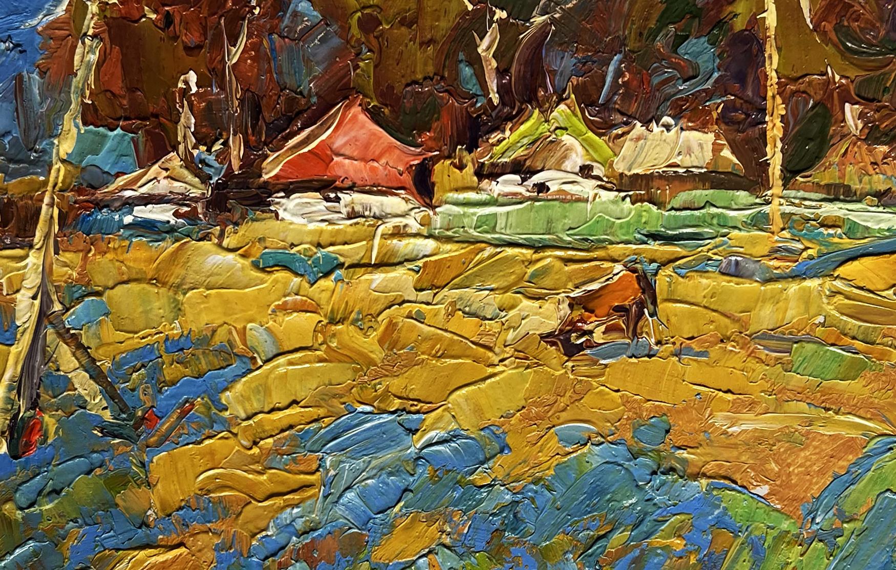 Vibrant impressionist oil painting of cow in field near village by Oksana Ivanyuk