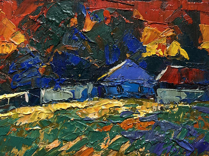Vibrant impressionist oil painting of sunset with blue rooftops by Oksana Ivanyuk