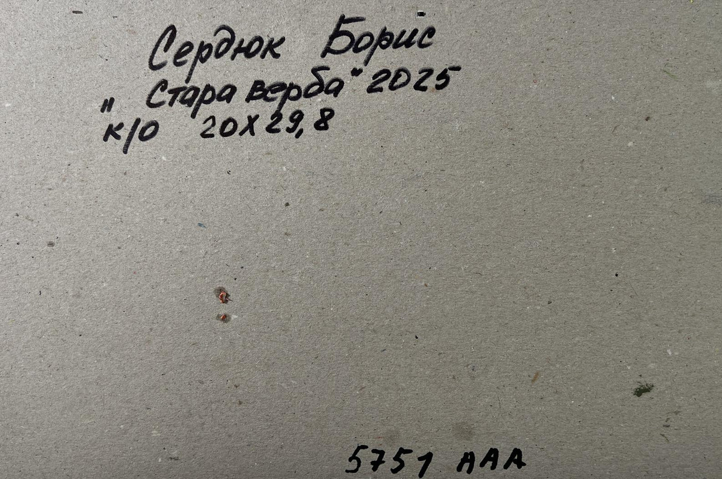 Back of oil painting Stara Verba 2025 by Boris Serdyuk, handwritten label