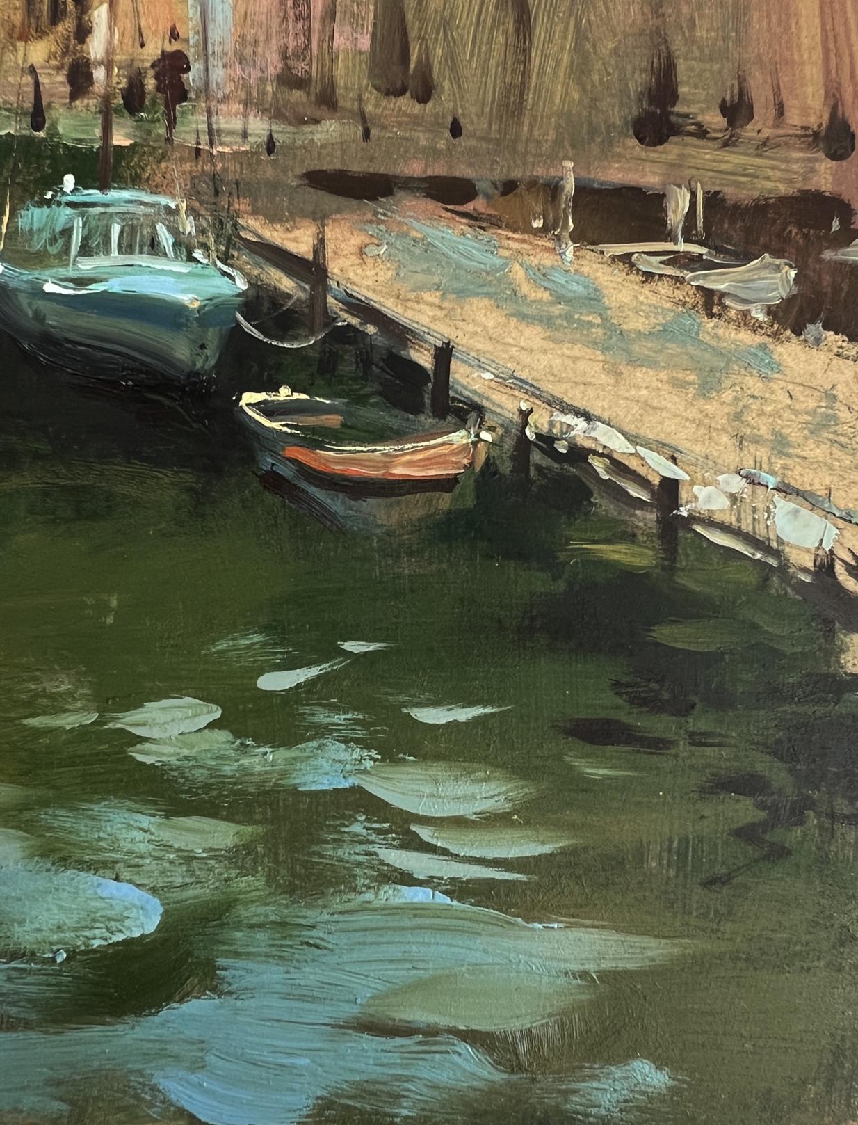 Weathered wooden dock with orange boat by Yuriy Suprunchuk oil painting