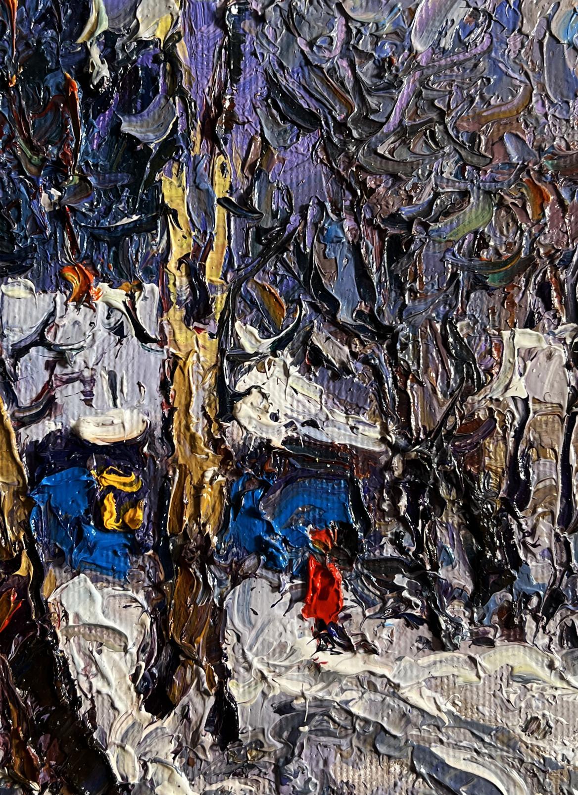 Oil painting The winter night came quickly by Oksana Ivanyuk with purple blue white strokes and red figure