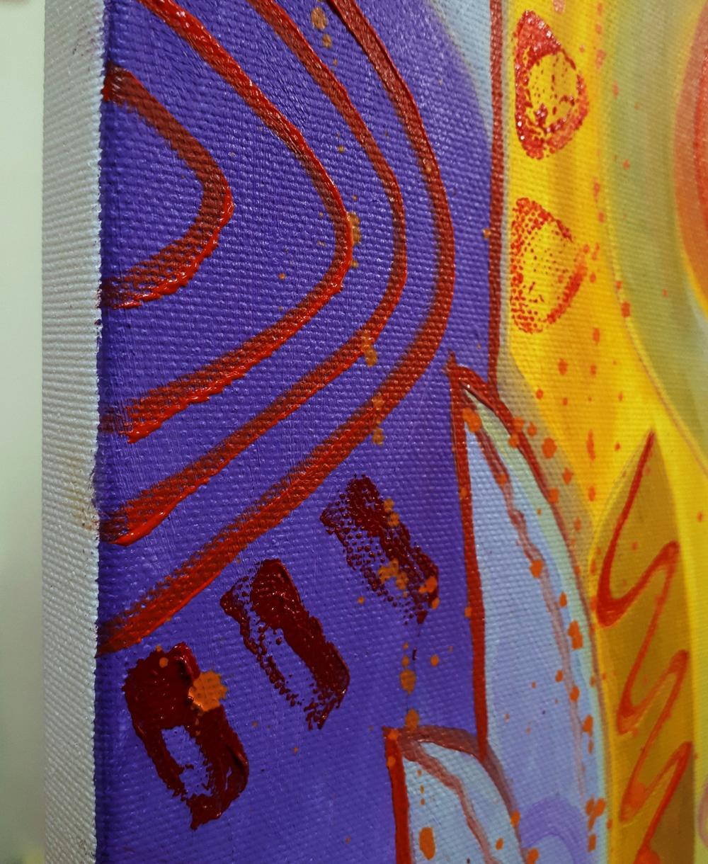 Vibrant abstract oil painting Biting the Tail by Sergiy Voichenko in purple, yellow, red
