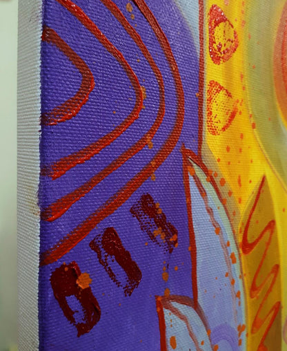Vibrant abstract oil painting Biting the Tail by Sergiy Voichenko in purple, yellow, red