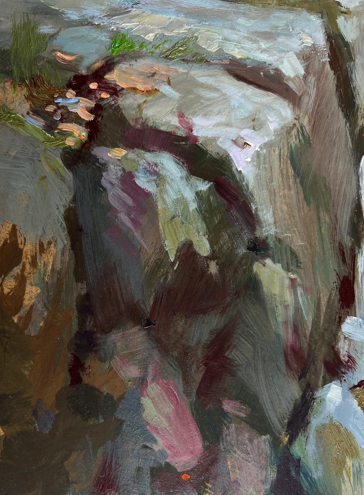 Oil painting of mountain waterfall by Yuriy Suprunchuk in earthy tones
