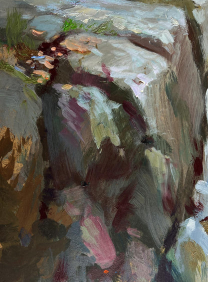 Oil painting of mountain waterfall by Yuriy Suprunchuk in earthy tones