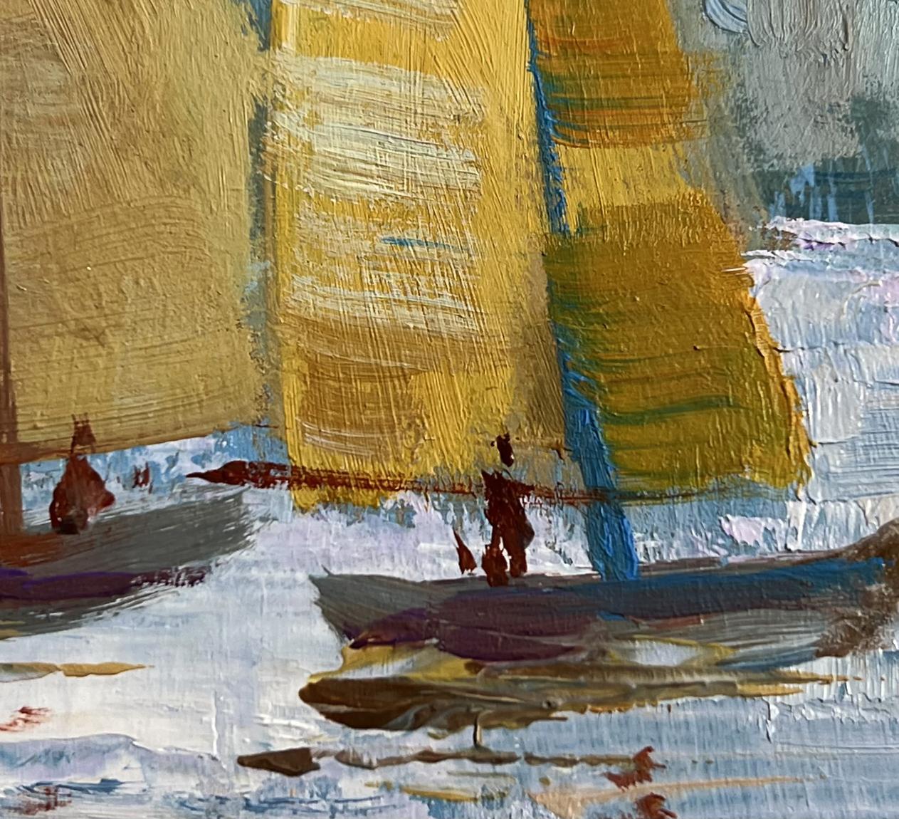 Oil painting of three sailboats with bold yellow sails in evening sea by Yuriy Suprunchuk
