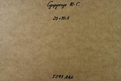 Back of Yuriy Suprunchuk oil painting A walk in the forest with Cyrillic text and measurements on brown cardboard