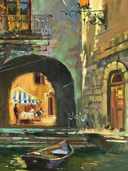 Oil painting of quiet Venice canal with rowboat by Yuriy Suprunchuk