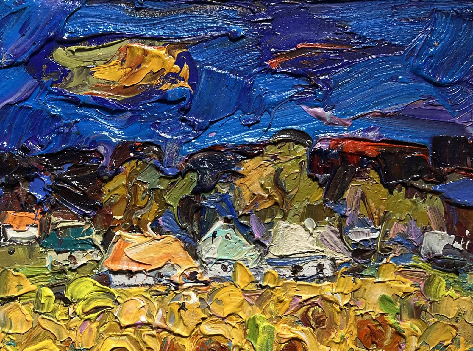 Oil painting Village Fields by Oleksiy Ivanyuk, vibrant village scene