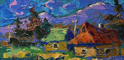 Vibrant impressionist oil painting of village and blue mountains by Oleksiy Ivanyuk