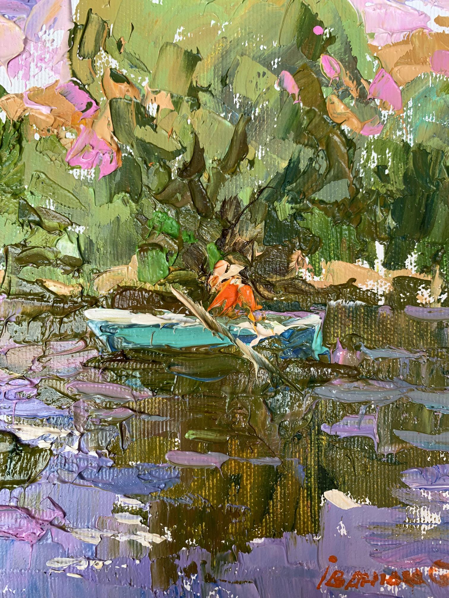 Vibrant impressionist oil painting Summer fishing by Oleksiy Ivanyuk with turquoise rowboat