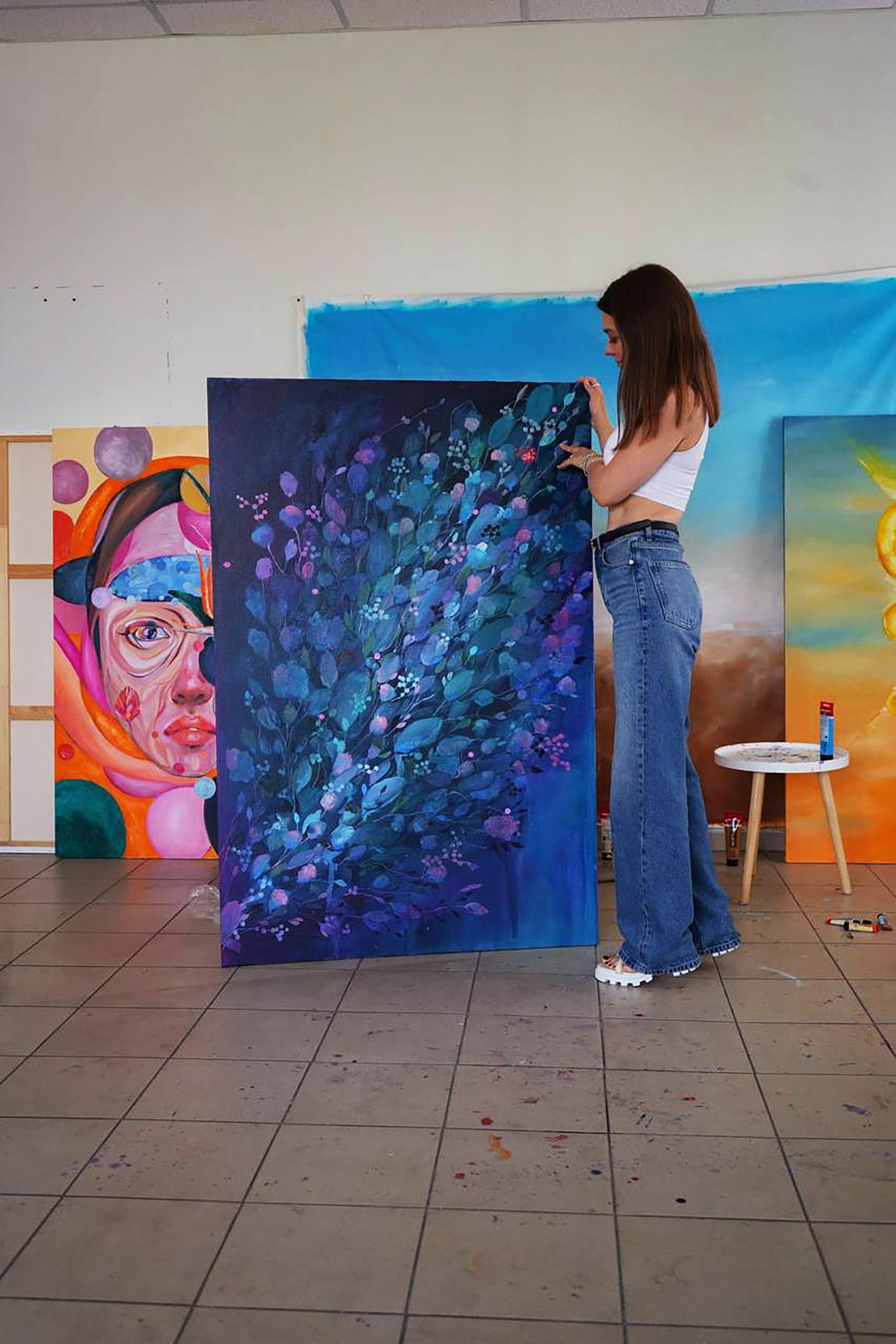 Oil painting Swan by Victoria Kagalovska, vibrant blue purple abstract on canvas