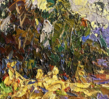 Oil painting of corn fields in village by Oleksiy Ivanyuk