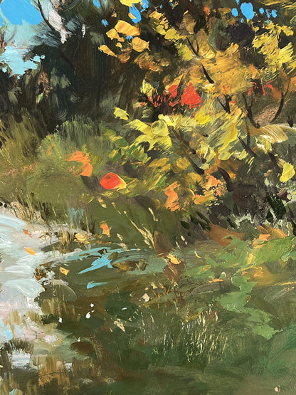 Vibrant autumn foliage in Oil painting The road to the river by Yuriy Suprunchuk
