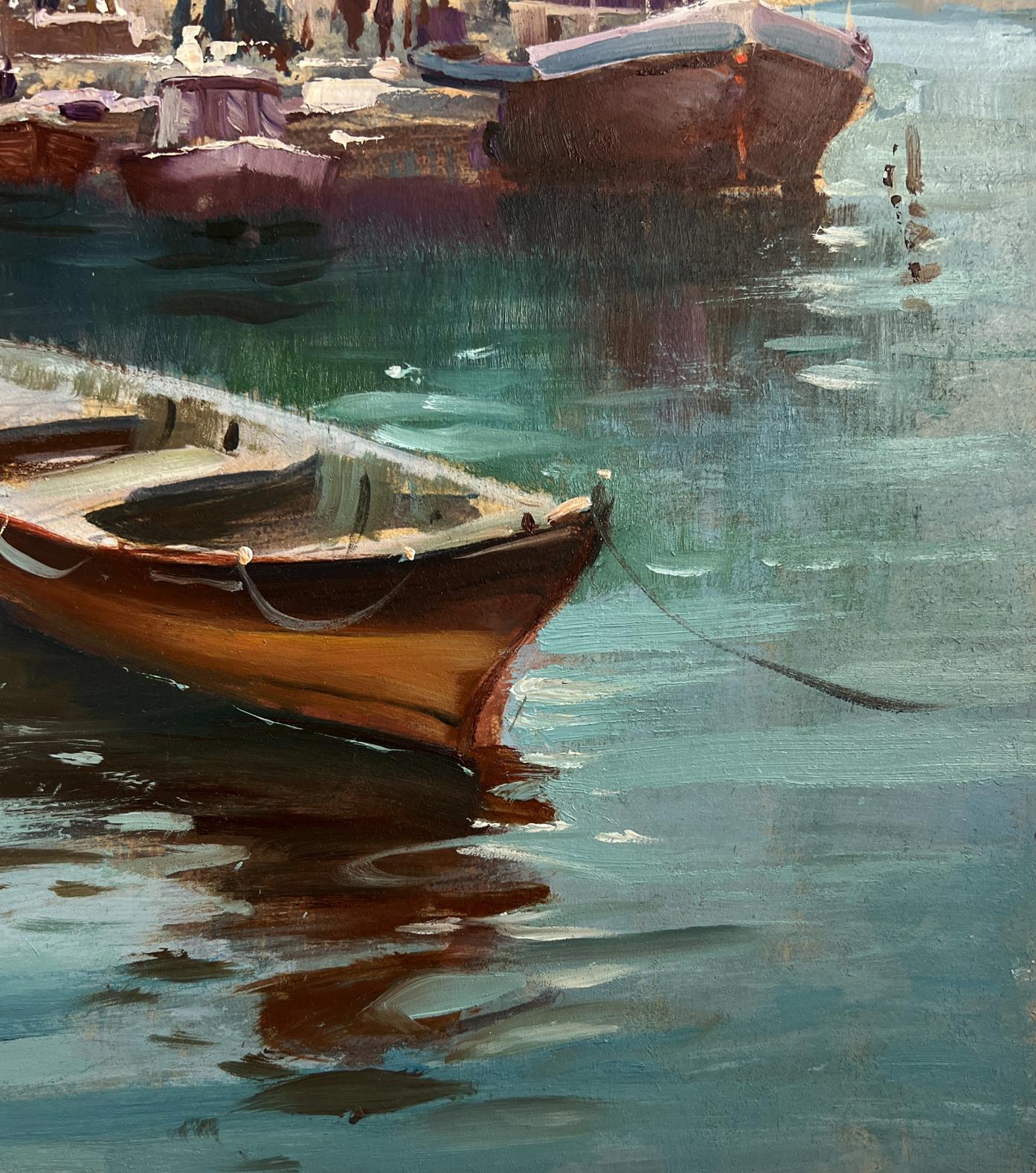 Oil painting of wooden rowboat in turquoise Venetian waters by Yuriy Suprunchuk